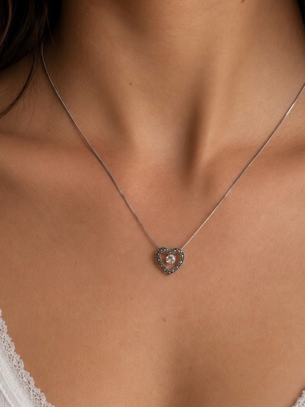 Hematite, Sterling and CZ Heart Necklace